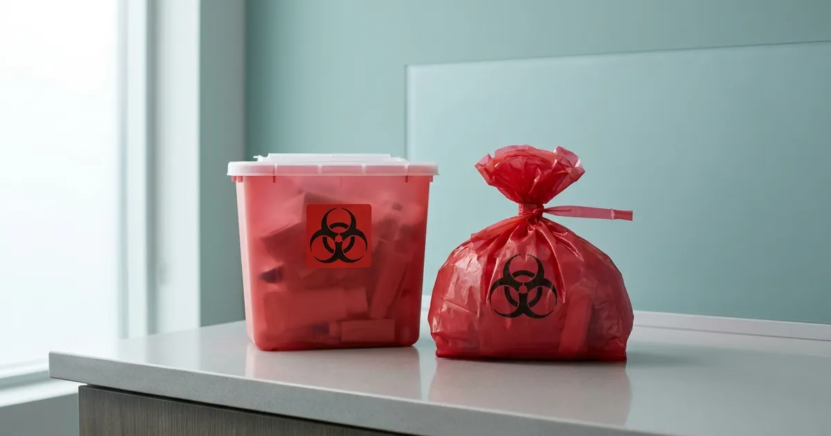 Sealed red sharps container beside a labeled biohazard bag on a clean clinic counter