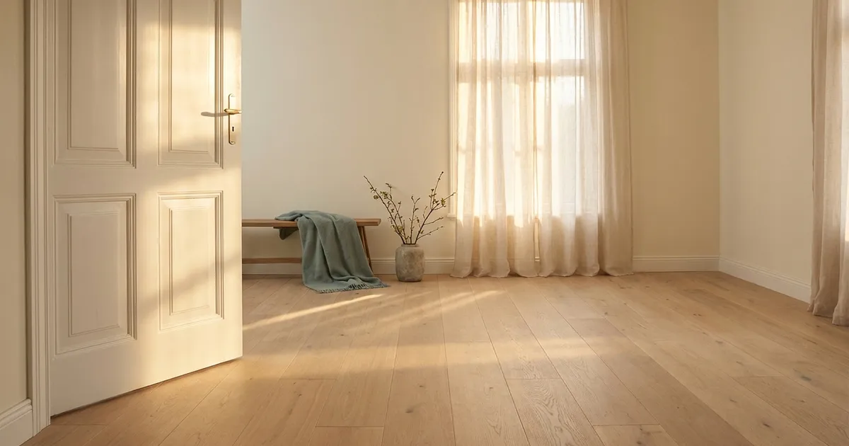 Soft morning light falling through an open doorway into a quiet, clean room