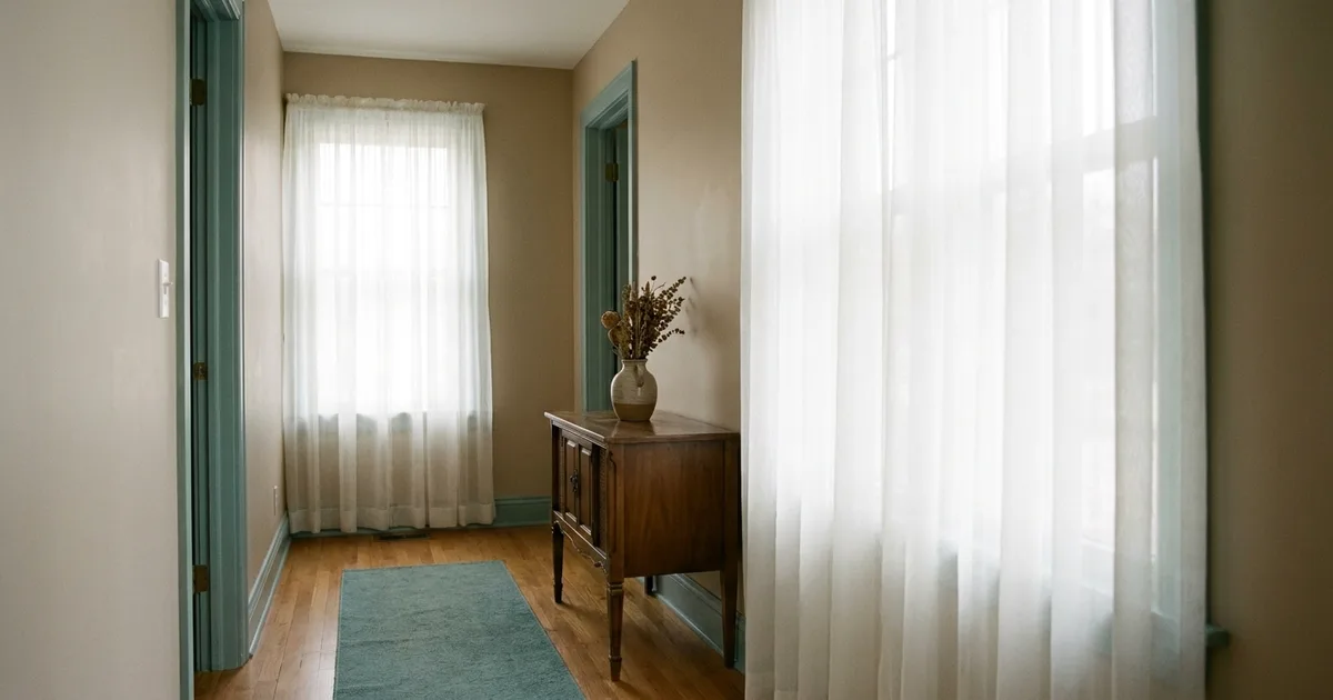 Soft morning light falling through sheer curtains into a quiet, empty hallway